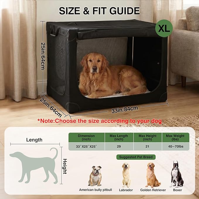 33" L x 25" W x 25" H Collapsible Travel Dog Crate, Portable Soft Dog Kennel for Medium Large Dogs up to 60 lbs, 4-Door Foldable Travel Crate with Durable Mesh & Storage Bag, Black