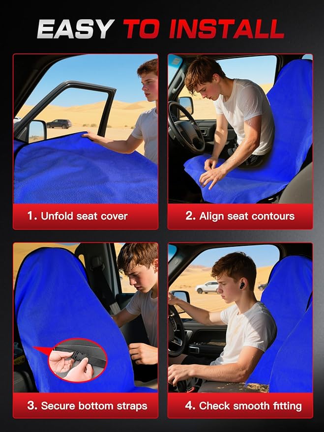2-Pack 550g Waterproof Car Seat Cover Towel - Universal Anti-Slip Sweat Protection for Front Bucket Seats - Machine Washable Microfiber Protector for Gym, Yoga, Pets, Beach - Fits Cars, SUVs (Blue)