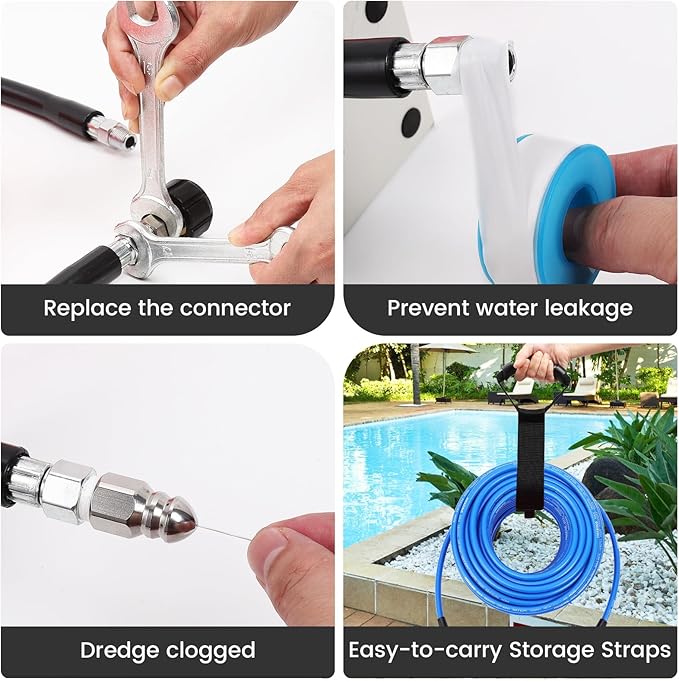 50FT Pressure Washer Sewer Jetter Kit, 5800 PSI Water Jet Drain Cleaner Hose with Corner Rotating Button Nose Nozzle, Sewer Jetting Nozzles Kit with Spanner Handle Strap