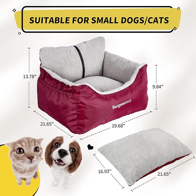 BurgeonNest Dog Car Seat for Small Dogs, Fully Detachable and Washable Cat Carseats Under 25 lbs, Soft Pet Booster Seats with Storage Pockets Clip-On Leash Portable Travel Carrier Bed, Red