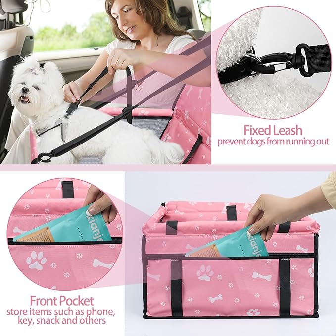 PetsHome Dog Car Seat Foldable Dog Car Booster Seat Waterproof Breathable Oxford Travel Bag for Small to Medium Dogs, Puppies, and Pets-Pattern Pink