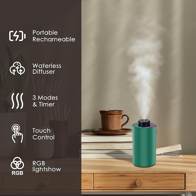 Waterless Essential Oil Diffuser with 8 Color LED Night Light, 3 Mist Levels & Timers, Portable Rechargeable Aromatherapy Diffuser for Home Car Room Studio Office, Black Metal (Green)