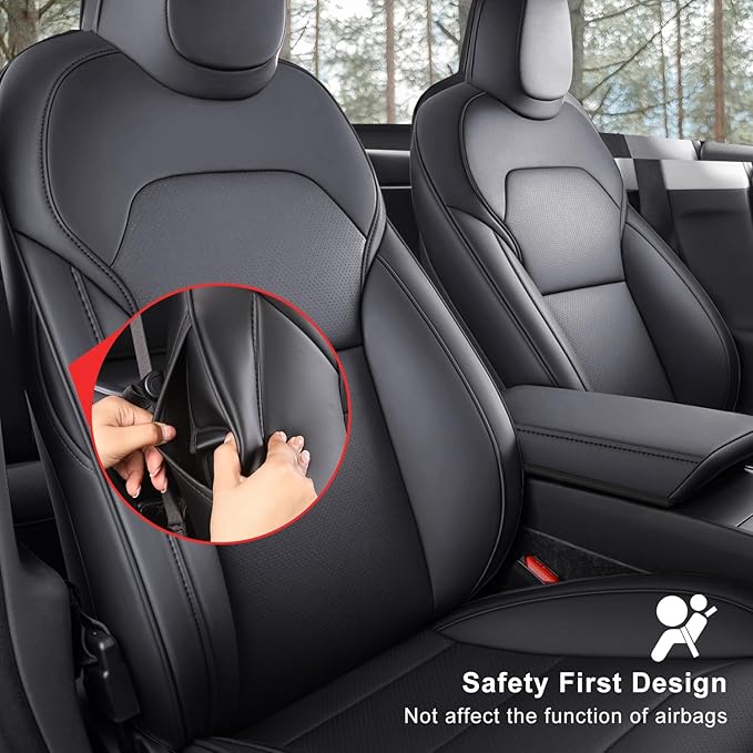Front Seat Covers for 2025–2026 Tesla Model Y Juniper, Nappa Leather Custom Fit Front Row 2-Piece Set, Airbag Compatible Car Interior Seat Cushion Covers, Black, 2-Pack