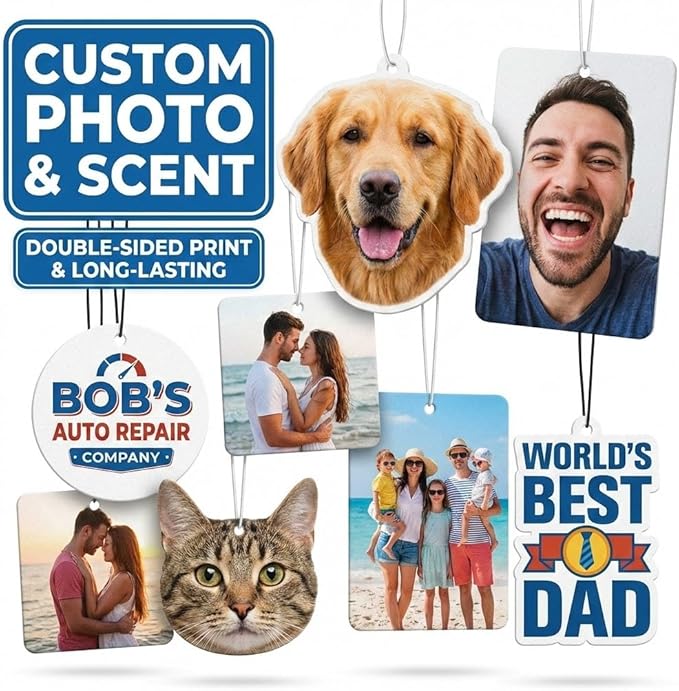 Custom Car Air Freshener with Photo - Double Sided Personalized Face Picture Hanging Ornament, Funny Scented Auto Accessories, Unique Gift for Boyfriend, Husband & Home Decor