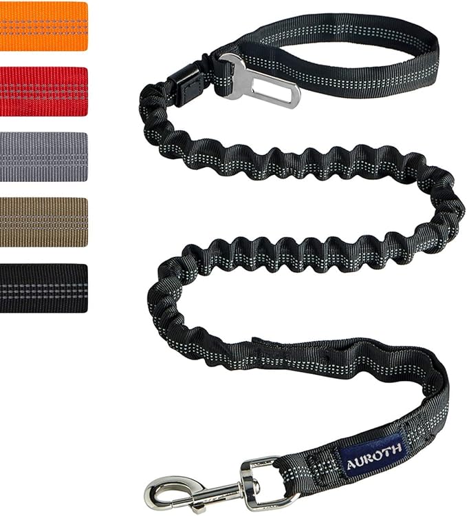 AUROTH Heavy Duty Bungee Dog Leash for Shock Absorption - 6FT Black Training Leash with 2 Padded Handles for Medium Large Breed Dogs