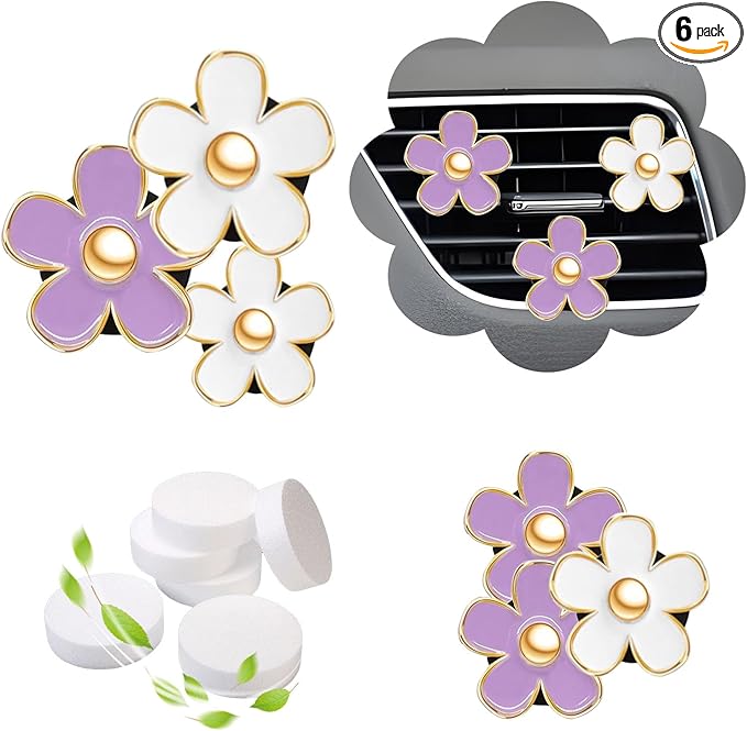 NBTEPEM 6 PCS Daisy Flower Air Vent Clip Car Decoration Accessories Air Conditioning Outlet Clip Car Air Freshener Clip Charm Car Interior Decor(3 cm, 3.3 cm, White, Purple)