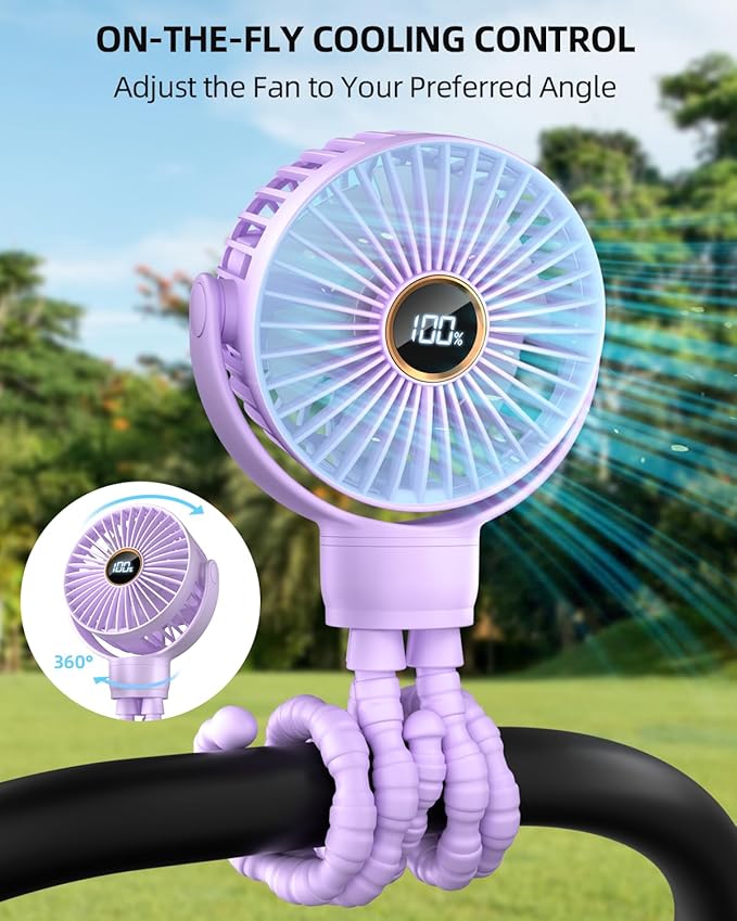 Portable Stroller Mini Fan, Small Rechargeable Personal Fan, Travel Essentials for Baby, Wagon, Car Seat, Treadmill, Battery Powered Biking Gear Accessories, 360° Rotation, 3-Speed, Display