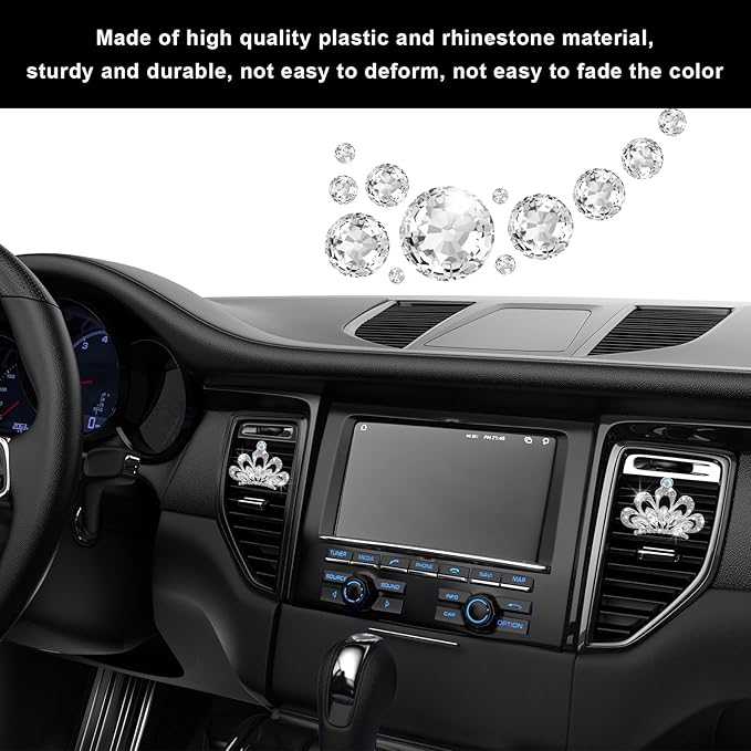 Augeny 2PCS Bling Car Air Vent Clips, Crystal Rhinestone Crown Air Freshener Outlet Diffuser Clip, Auto Air Conditioning Clip Charm for Women Girls, Interior Decor Car Accessories (White)