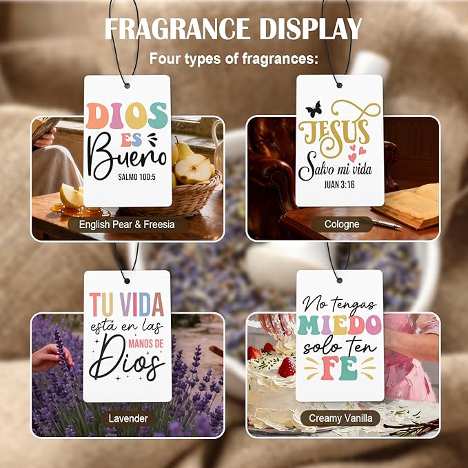 Inspirational Spanish Christian Car Air Freshener 4 Pcs, Encouragement Spanish Bible Verse Hanging Air Freshener for Cars Closet Drawer Books, Christian Religious Car Accessories for Women Kids