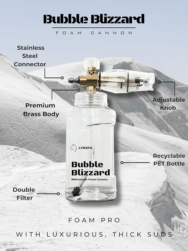 Bubble Blizzard Premium Foam Cannon for Pressure Washer, Wide Mouth, Adjustable Thick Foam Snow Foam Cannon Lance with 1/4 Inch Quick Connector for Car, Boat, and Home Wash, 4000 PSI, 34 oz