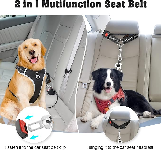 Chew Proof Dog Car Seat Belt, 2 in 1 Steel Cable Dog Car Accessories Headrest Restraint Doggie Car Seatbelt for Medium Large Dogs Chewer Heavy Duty Doggie Seatbelts for Cars Swivel Attach