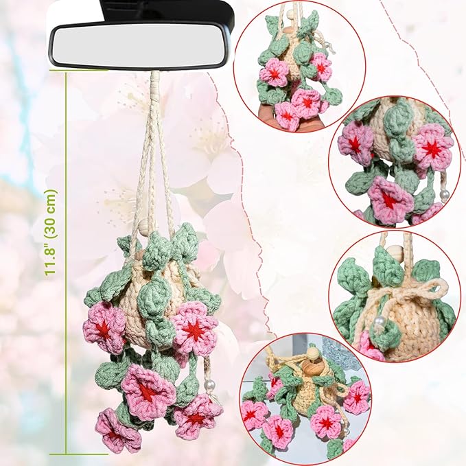 Crochet Car Air Freshener, 15ml Empty Refillable Oil Diffuser Bottle With Crochet Cherry Blossom Hanging Plant for Car Accessories, Crochet Plant for Rear View Mirror Decor, Home and Office Decor