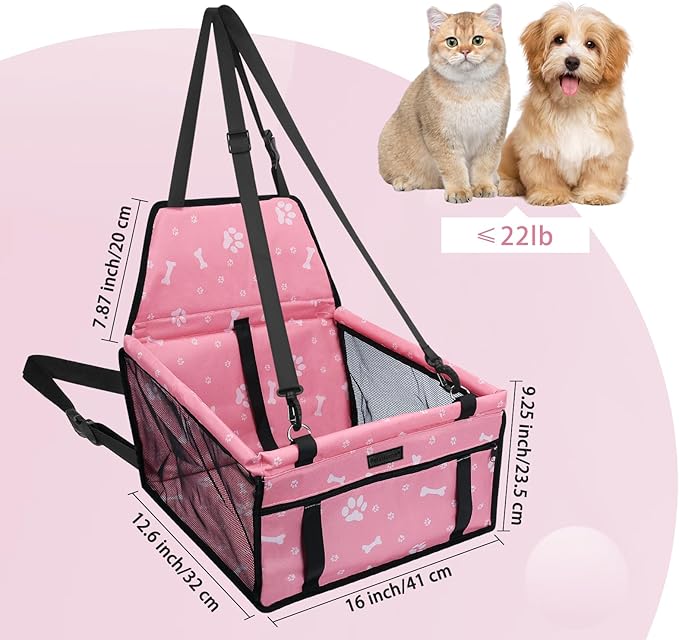 PetsHome Dog Car Seat Foldable Dog Car Booster Seat Waterproof Breathable Oxford Travel Bag for Small to Medium Dogs, Puppies, and Pets-Pattern Pink