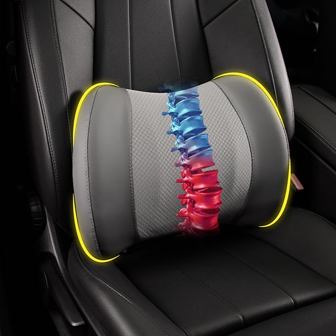 Lumbar Support Pillow for Car, Memory Foam Lumbar Pillow for Lower Back Pain Relief - Back Cushion for Driving, Chair Support for Car-Office Chair, Wheelchair - Dark Grey
