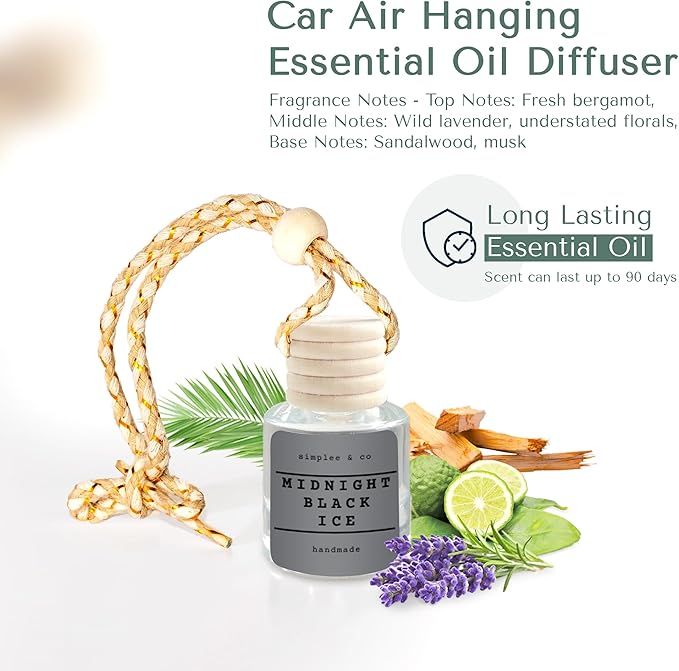 Midnight Black Ice Car Air Hanging Essential Oil, Car Air Freshener Diffuser, Long Lasting Essential Oils, Aromatherapy Vehicle Diffuser by Simplee & Co