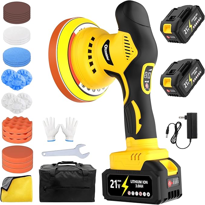 Cordless Car Buffer Polisher, 6 Inch DA Orbital Polisher kit with 2x 3.0Ah 21V Batteries, 5500 Max OPM & 8 Variable Speeds for Car Detailing, Waxing, Polishing, Scratch Removal, with 25PCS Attachments