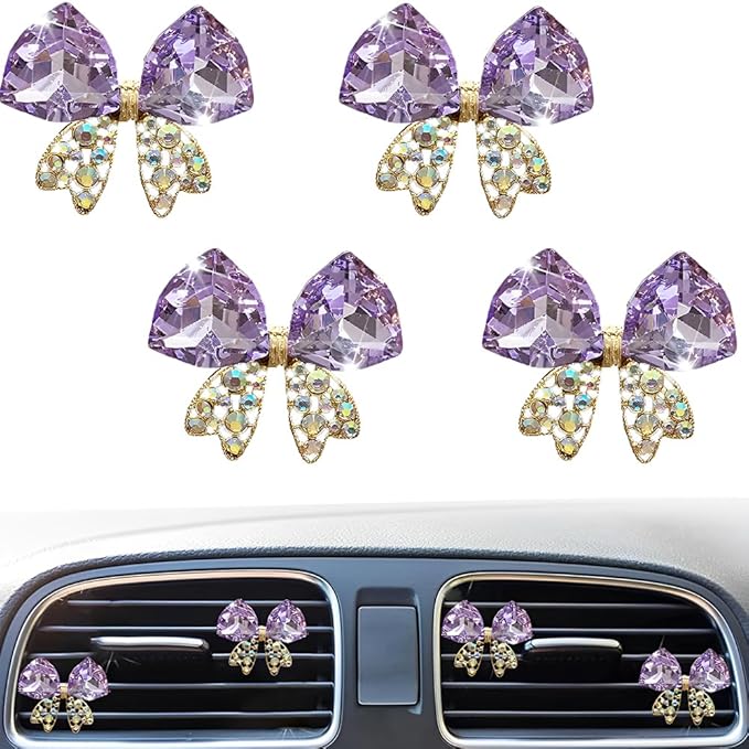 4 Pcs Bling Diamond Crystal Bow Vent Clips Car Interior Air Fresheners Automotive Rhinestone Decoration Adapt for Women and Girl (Purple)