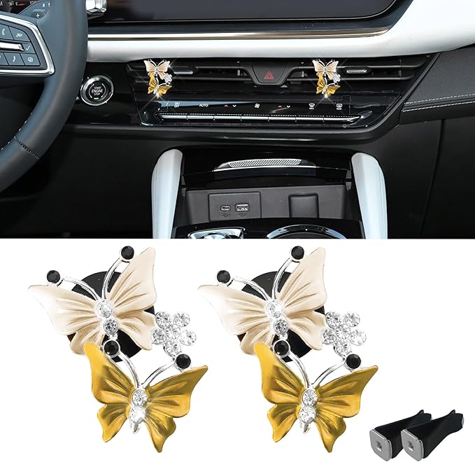 2PCS Car Air Fresheners Vent Clips, Butterfly Car Accessories, Sparkly Bling Dual Butterfly Auto Air Vent Clips, Automotive Cute Air Conditioning Outlet Decoration Universal for Women Girl