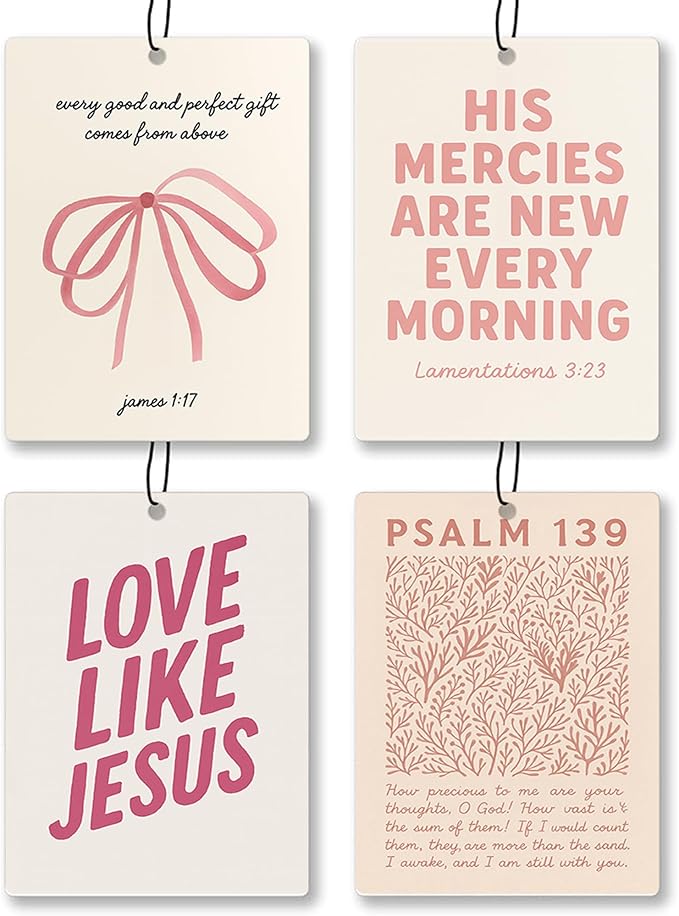 Coquette Pink Christian Car Air Freshener 4 Pcs - Girly Pink Bow Floral Religious Hanging Air Freshener for Cars Closet Drawer Books, Cute Christian Accessories Mirror Gifts for Women Girls