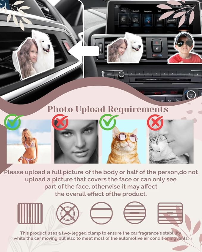 Personalized Car Air Freshener Vent Clip, Custom Acrylic Photo Decorations, Easy to Install, Meaningful Gifts for Car Enthusiasts (Acrylic A, Head)