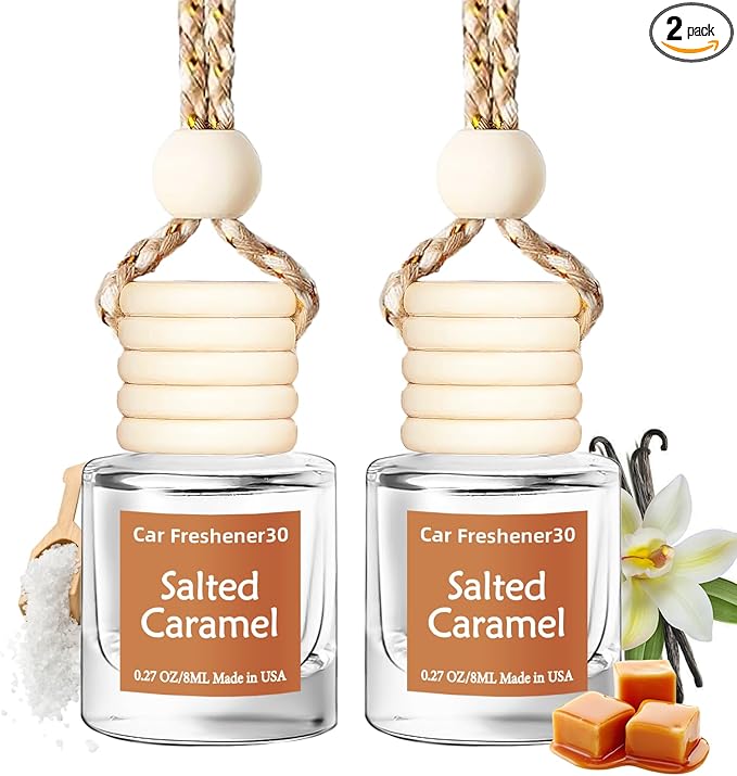Hanging Car Air Freshener, Long Lasting Essential Oil Diffuser, Non-Toxic Salted Caramel Scent, Cute Car Fresheners for Women, 2 Pack Made in USA