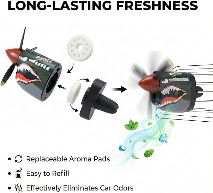 P-40 Warhawk Car Air Freshener with Spinning Propeller - Vent Clip Dashboard Decor for Men, Long Lasting Odor Eliminator & Aviation Gift (1pcs-tiger)