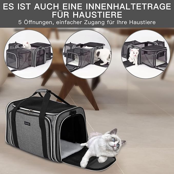 BAGLHER Expandable Cat Carrier with Travel Litter Box, Pet Travel 5 Sides Open Doors 3 Sides, Leak-Proof and Collapsible, for Car, Airplane Trip, Grey
