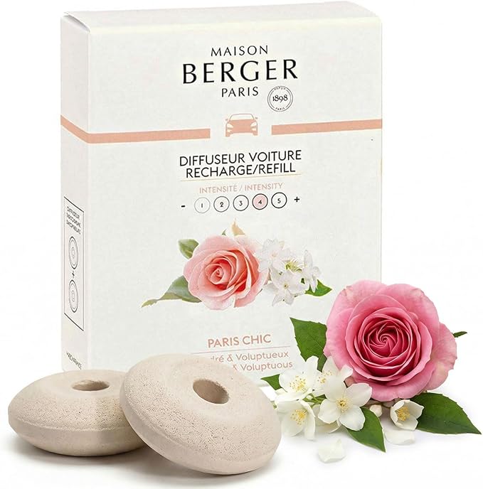 Maison Berger Luxury Car Diffuser Refill Set – Ceramic Inserts for Vent Clip Diffusers, 4-Week Passive Diffusion, Premium In-Car Fragrance Refill, Made in France (Paris Chic)