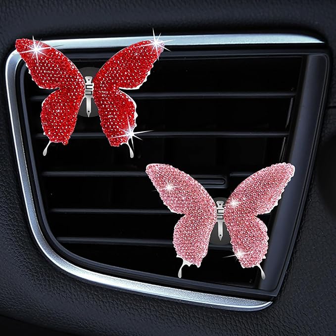 Dotesy 2 Pack Bling Bling Butterfly Air Vent Clips Crystal Butterfly Car Air Fresheners Vent Clips Diamond Cute Car Interior Decor for Women (Red)