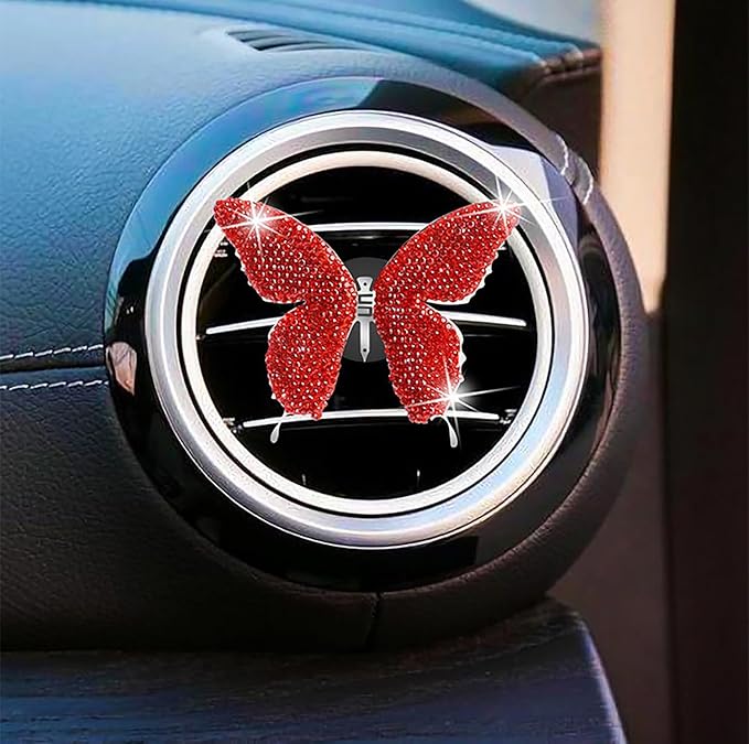 Dotesy 2 Pack Bling Bling Butterfly Air Vent Clips Crystal Butterfly Car Air Fresheners Vent Clips Diamond Cute Car Interior Decor for Women (Red)