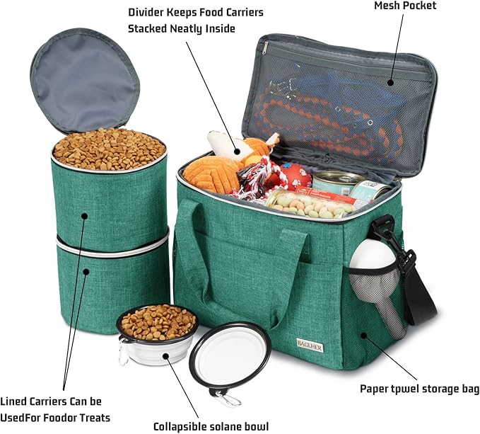 BAGLHER Dog Travel Bag Backpack Pet Supplies Backpack Pet Accessories Storage Bag 5-Piece Set With Shoulder Strap 2 Lined Pet Food Containers 4 Foldable Feeding Bowls Essential Kit for Pet travel