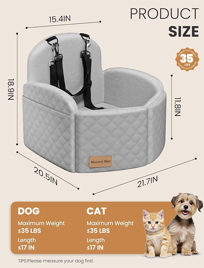 Dog Car Seat for Small/Medium Dogs, Elevated Dog Booster Seat Memory Foam Puppy Car Seat with Washable Cover, Travel Safety Pet Seat for Car with Storage Pockets Up to 35 lbs (Grey)