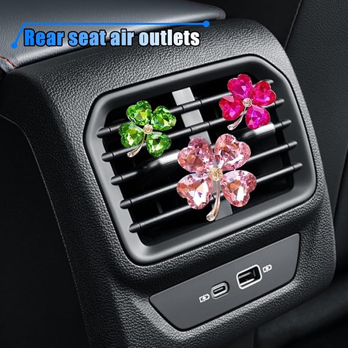 3PCS Bling Four Leaf Clover Car Dashboard Air Vent Trim Clips, Crystal Rhinestone Auto Air Fresheners Outlet Clips, Cute Car Interior AC Decoration Accessories for Women (Big Pink/Small Rose & Green)