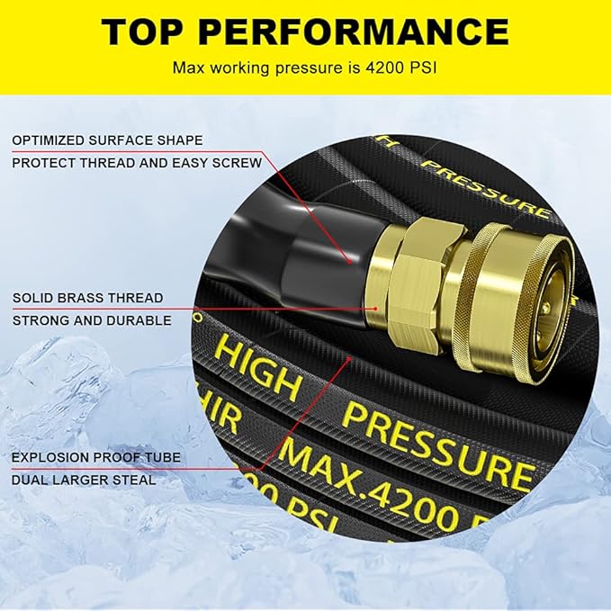 POHIR Pressure Washer Hose 70ft with 3/8" Quick Connector, High Tensile Wire Braided Kink Resistant 1/4 Inch Power Washer Hose 4200 PSI, 2pcs M22 14mm to 3/8" Adapter Set, Multi-Scene Use
