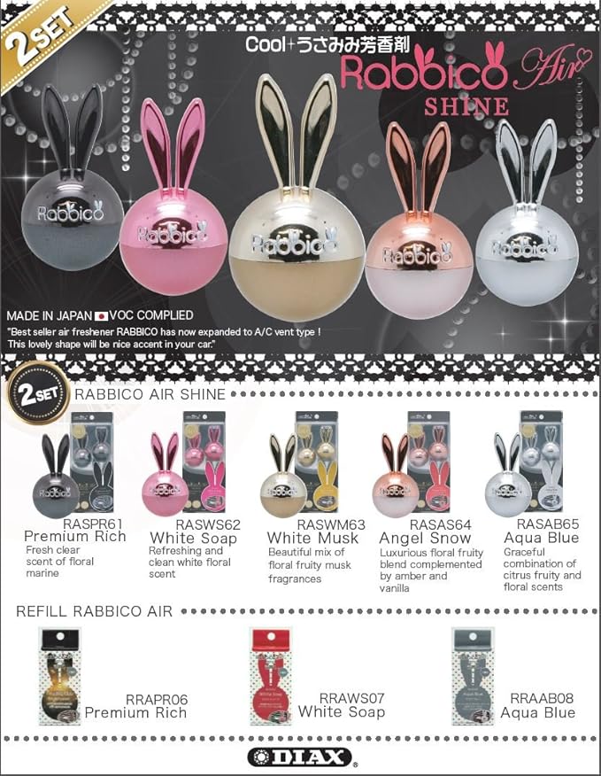 Rabbico Rabbit Air Shine Car Vent Clip Air Freshener Angel Snow Scent, 2-pcs, Angel Snow scent is a Luxurious floral fruity blend complemented by amber and vanilla scents