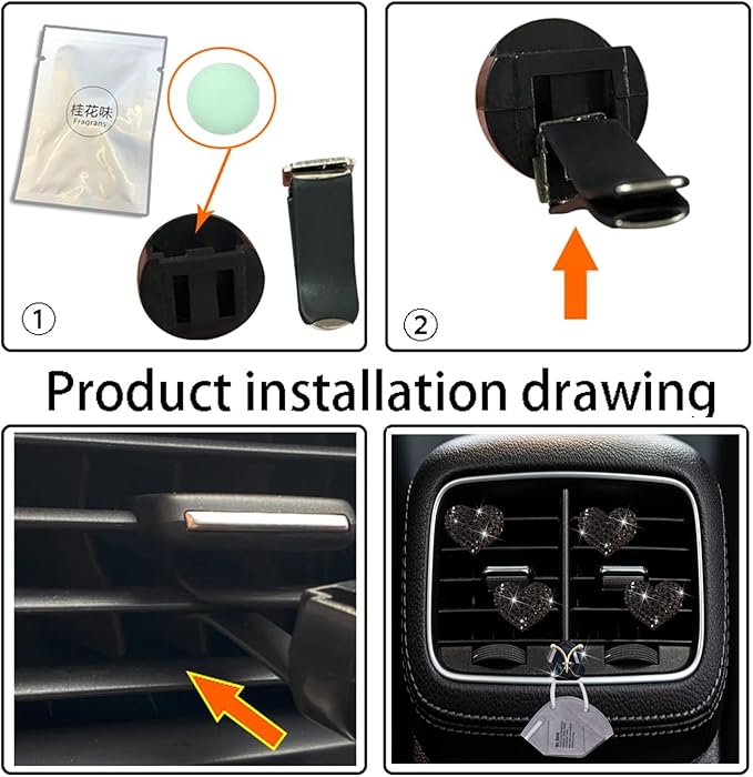 4Pcs Black Heart Air Vent Clips, 4 Pcs Bling Heart Car Air Fresheners Vents Clips Car Diffuser Diamond Interior Decor Charm Cute Accessories Decoration for Women, Automotive