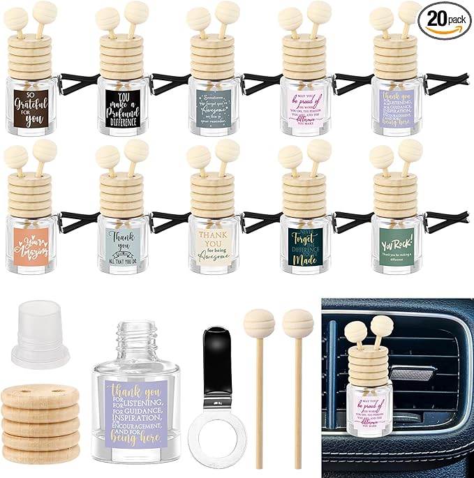 20 Pcs Employee Appreciation Gifts Bulk, Empty Car Diffuser Bottles with Vent Clip, Refillable Essential Oil Car Air Freshener Gifts for Coworker Team Teacher Nurses Staff (Appreciation)