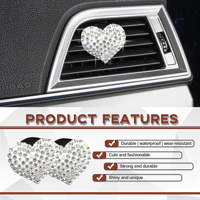 2 Pieces Bling Crystal Heart Car Vent Clips Sparkling Air Freshener and Decorative Accessories for Women Men SUV Truck (White)