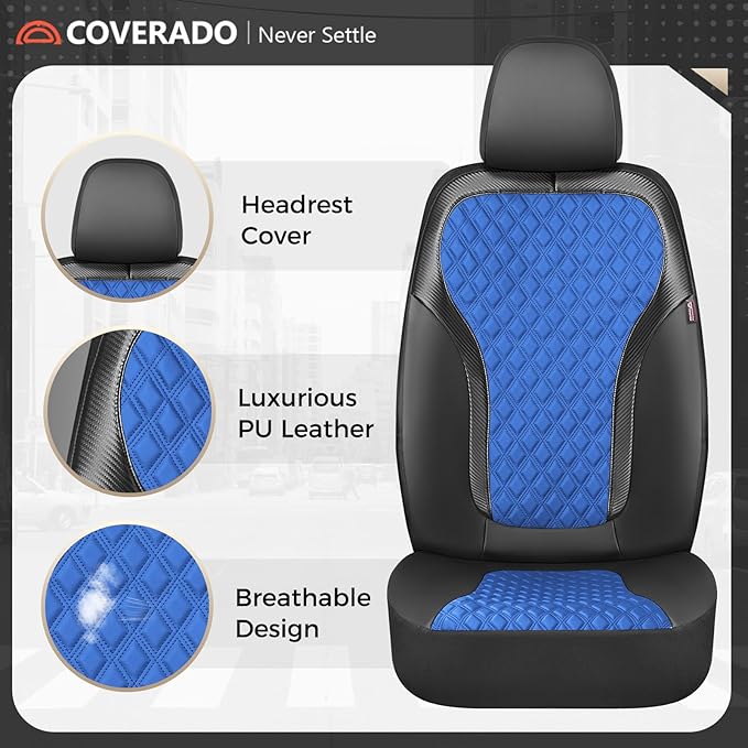 Coverado Automotive Seat Covers, Front Leather Car Protectors 2-Pack, Spill-Proof Seamless Car Seat Cushion, Black&Blue Car Seat Cover, Driver Seat Covers Universal Fit for SUV, Truck, Sedan