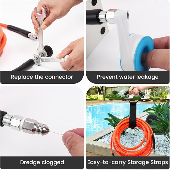 50FT Sewer Jetter Kit for Pressure Washer, 5800 PSI Water Jet Drain Cleaner Hose With Corner Rotating Button Nose Nozzle, 1/4 Inch NPT, Spanner Handle and Strap