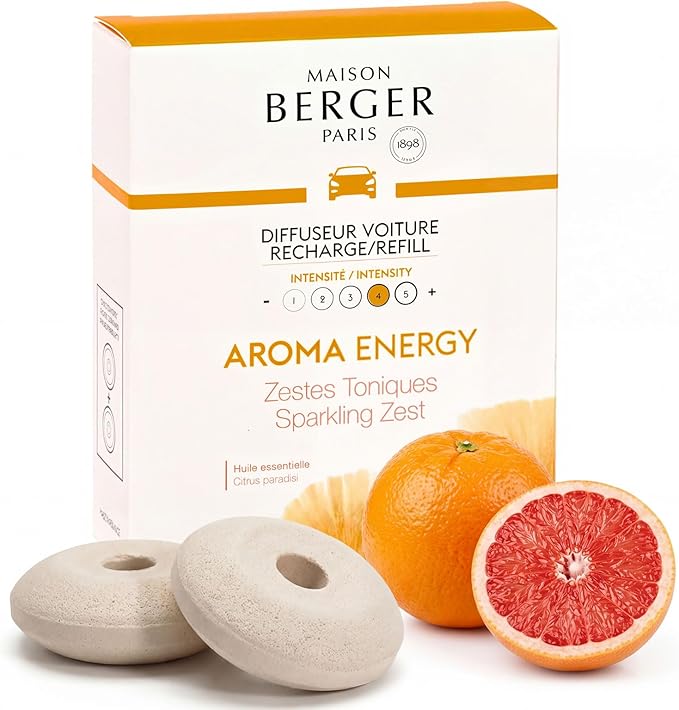 Maison Berger Luxury Car Diffuser Refill Set – Ceramic Inserts for Vent Clip Diffusers, 4-Week Passive Diffusion, Premium In-Car Fragrance Refill, Made in France (Aroma Energy)