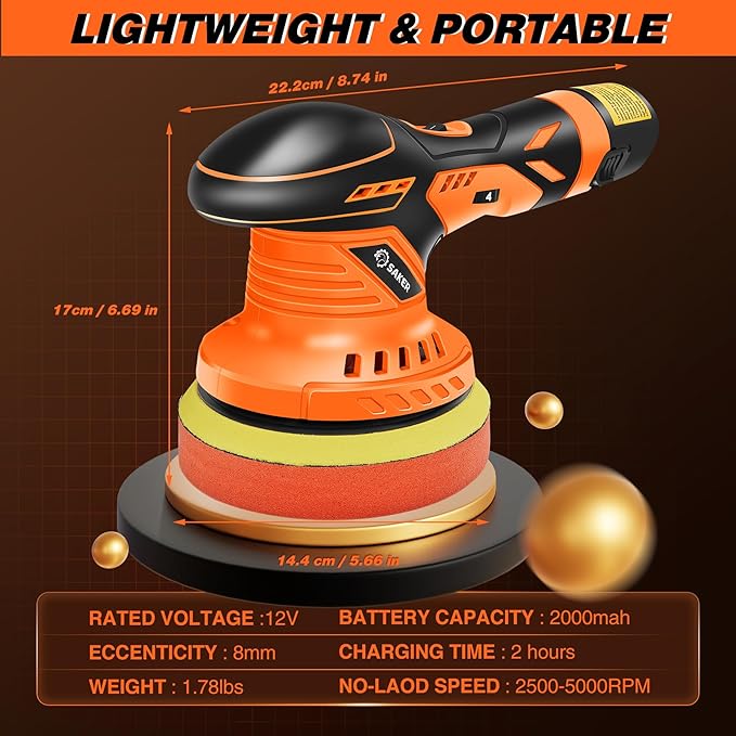 Saker Cordless Buffer Polisher, 6 Inch Fast Charging Portable Car Polishing Kit with 2PCS 12V 2000mAh Batteries, Polisher for Car Detailing Polishing Waxing (Orange, Buffer Polisher+2 Batteries+1 Bag)