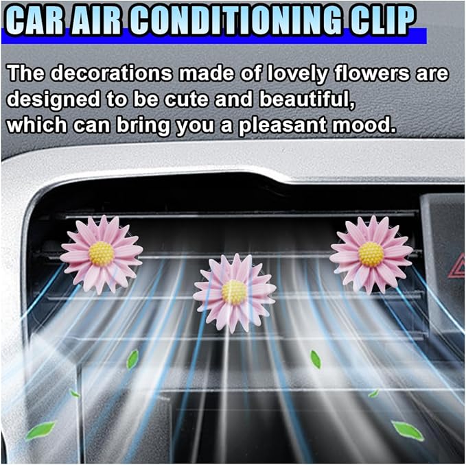 3PCS Daisy Flower Car Dashboard Air Vent Trim Clip, Cute Daisy Air Conditioner Outlet Clip Car Charm for Women, Car Air Vent Clip Auto Interior Decoration for Girls Present (Pink)