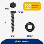1/4 x 1-1/4 (100 Pack) Lag Screw Kit, 100 Screws and 100 Washers, Ceramic Black Ruspert Coating for Exterior Use, Meets ASTM A307 and ASME B18.2.1, Industrial/Commerical Grade by Makers Bolt