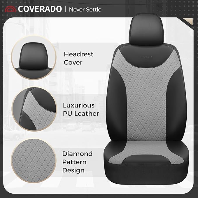 Coverado Car Seat Covers, 2 Seat Waterproof Seat Covers for Cars, Leather Driver Seat Covers, Front Car Seat Protectors Automotive Seat Cushions Universal Fit for Most Sedan, SUV, Truck, Black & Gray