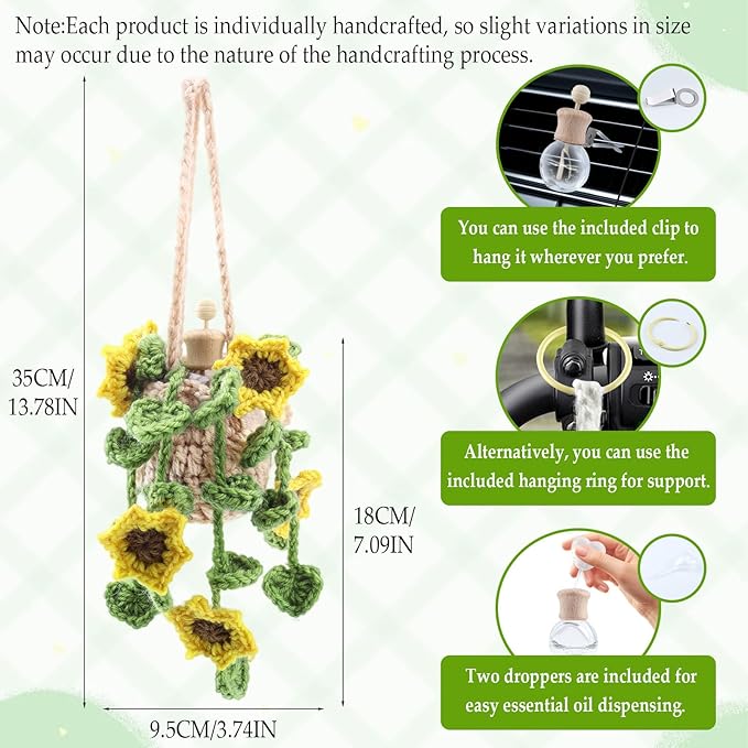 Crochet Car Air Freshener, Cute Crochet Plant for Rear View Mirror, Handmade Car Mirror Hanging Accessories, Plant Botanical Fern Leaf Design with 10ml Refillable Glass Essential Oil Bottle for Home