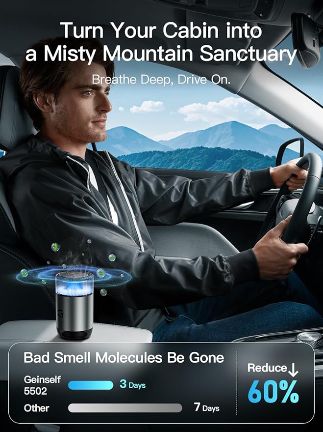 Smart Car Air Freshener Diffuser, Waterless Essential Oil Diffuser with 4 Modes, 4 Scent Refills, Auto On/Off, USB - C Rechargeable Wireless, Ambient Light for Home/Car (5502-Gunmetal Grey)