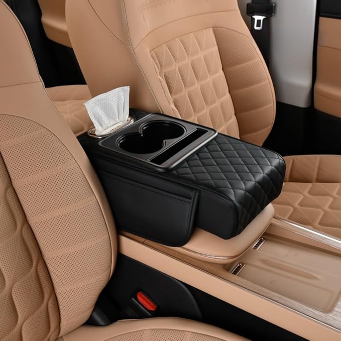 Car Center Console Cover Booster Multifunctional Car Center Console Cushion Pad with Cup Holder & Tissue Box & Side Pockets Arm Rest Cover for Car, Quilting, Black