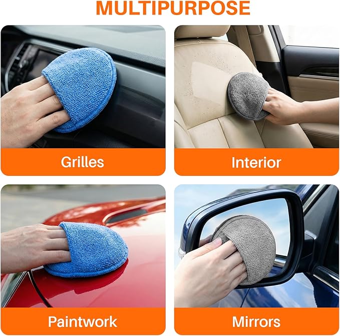 12Pack Wax Applicator Pads, 5" Soft Microfiber and Dense Foam Buffing Pads for Auto Polishing, Car Waxing, Paint Correction with Non-Slip Backing, Multipurpose Hand Pads