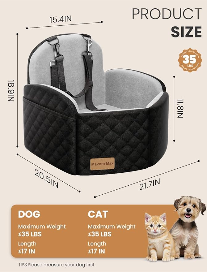 Dog Car Seat for Small/Medium Dogs, Memory Foam Puppy Car Seat Elevated Dog Booster Seat Up to 35 lbs, Fully Detachable Washable, Travel Safety Pet Car Seat with Storage Pockets (Black/Grey)